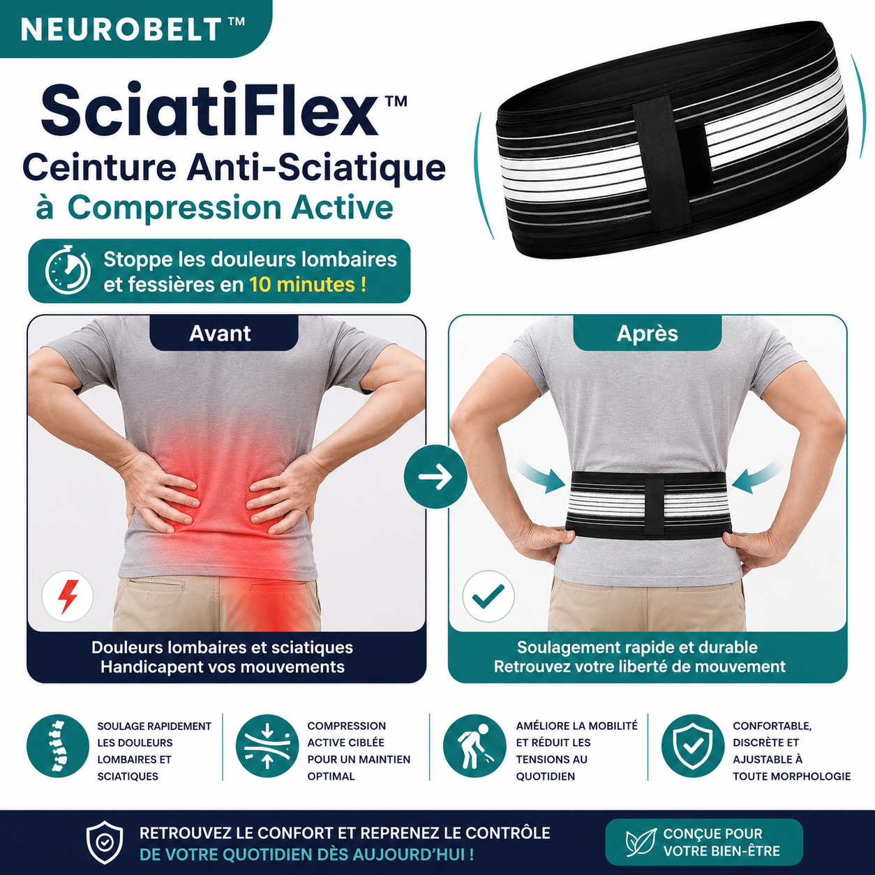 SciatiFlex™ Ceinture Anti-Sciatique à Compression Active | Stoppe les douleurs lombaires et fessières en 10 minutes!