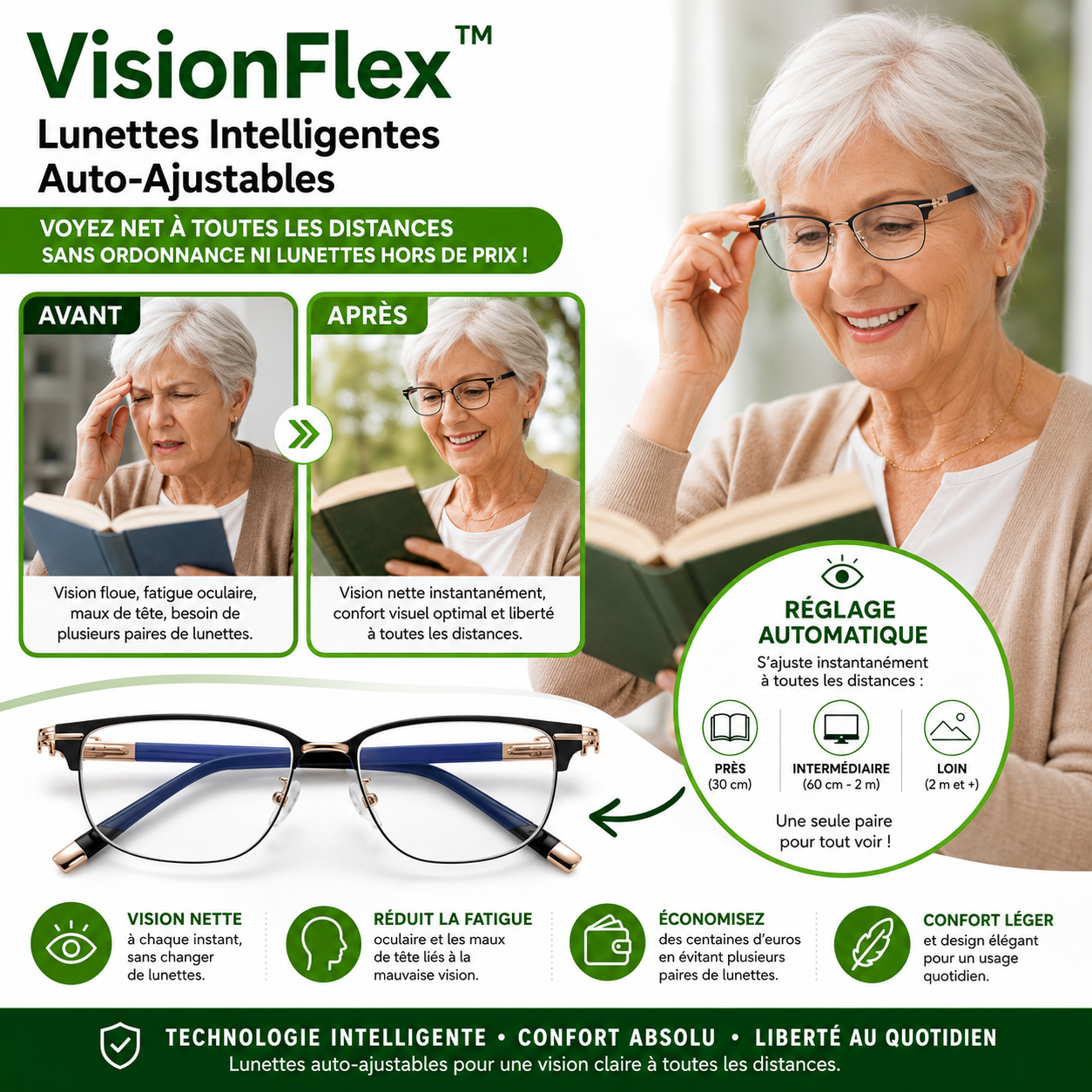 VisionFlex™ Lunettes Intelligentes Auto-Ajustables | Voyez net à toutes les distances sans ordonnance ni lunettes hors de prix !