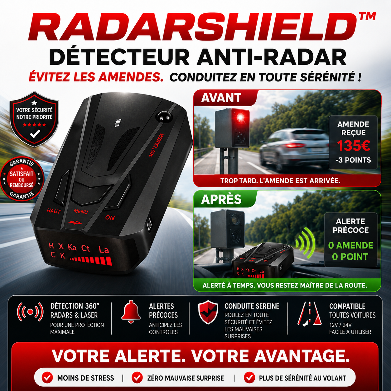 RadarShield™ Détecteur Anti-Radar | Évitez les amendes et conduisez sereinement à chaque trajet !