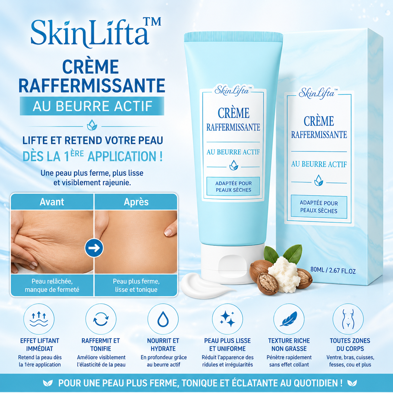 SkinLifta™ Crème Raffermissante au Beurre Actif | Lifte et retend votre peau dès la 1ère application!