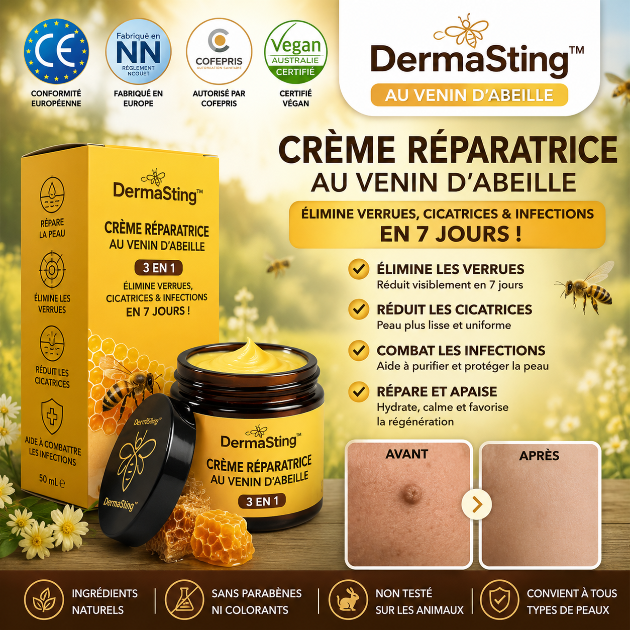 DermaSting™ Crème Réparatrice au Venin d’Abeille | Élimine Verrues, Cicatrices & Infections en 7 Jours!
