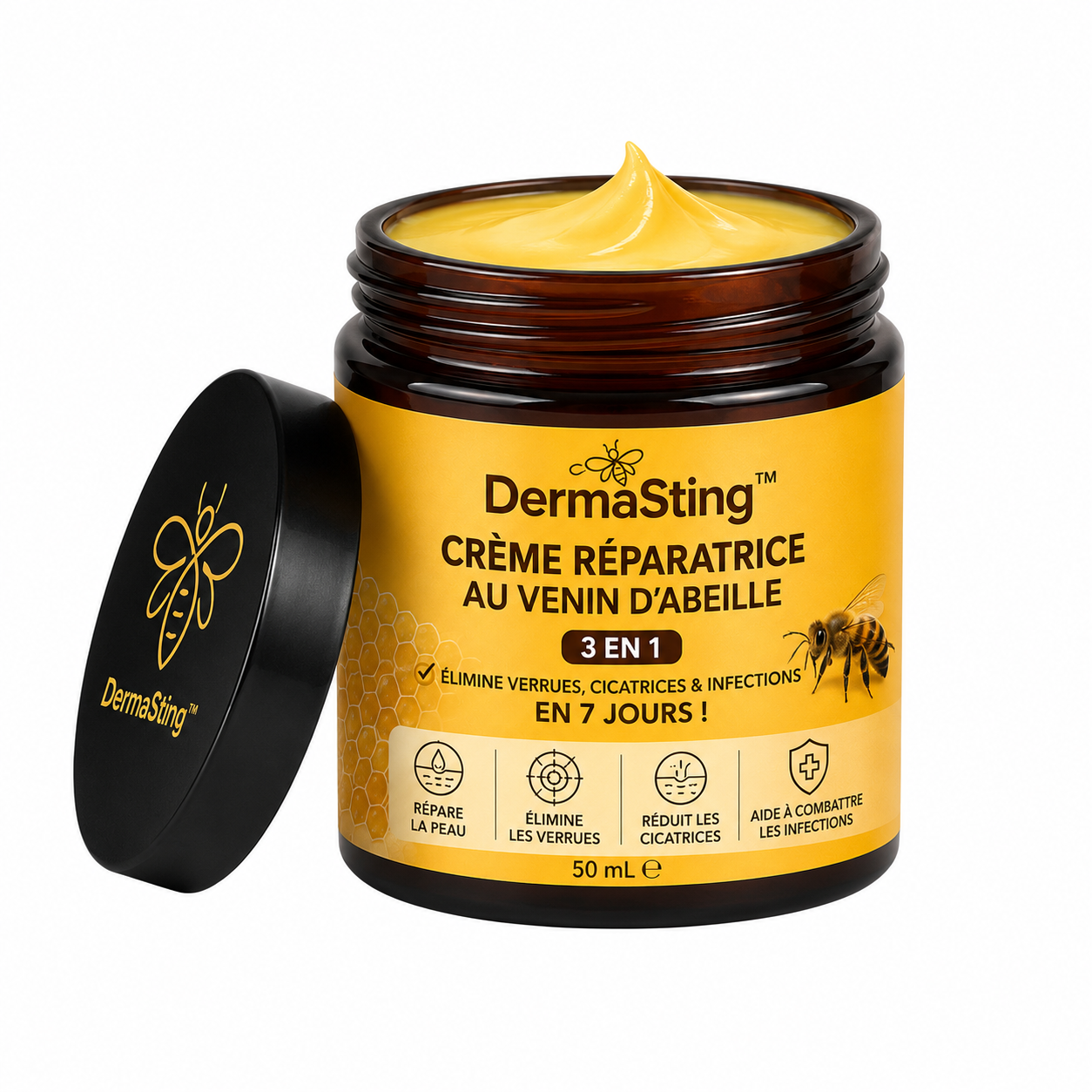 DermaSting™ Crème Réparatrice au Venin d’Abeille | Élimine Verrues, Cicatrices & Infections en 7 Jours!