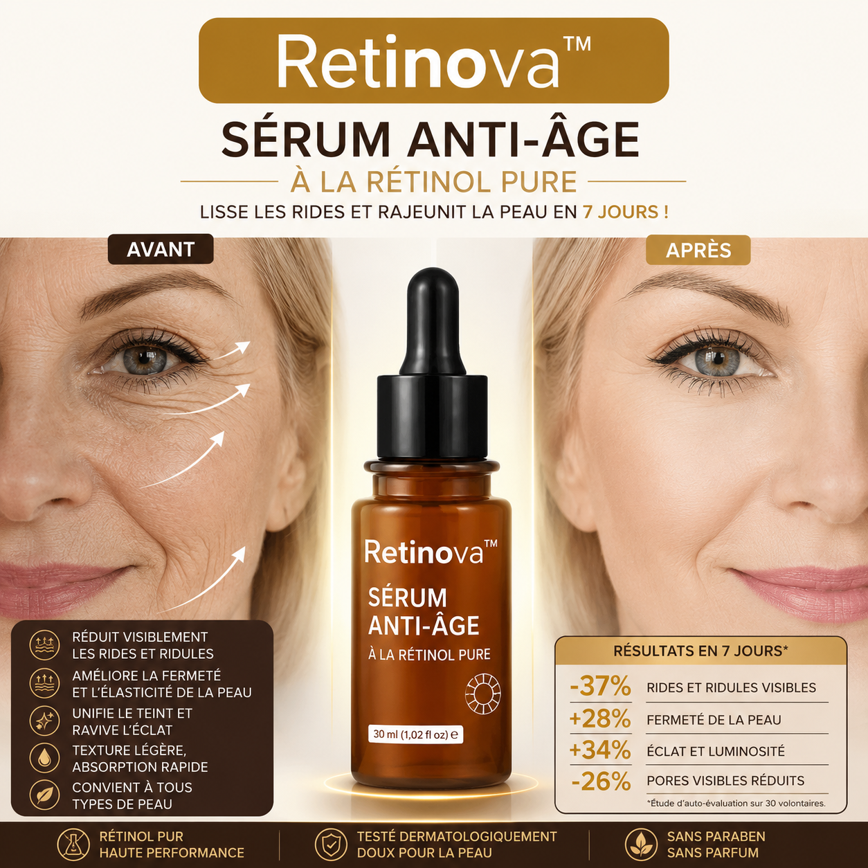 Retinova™ Sérum Anti-Âge à la Rétinol Pure | Lisse les Rides et Rajeunit la Peau en 7 Jours!