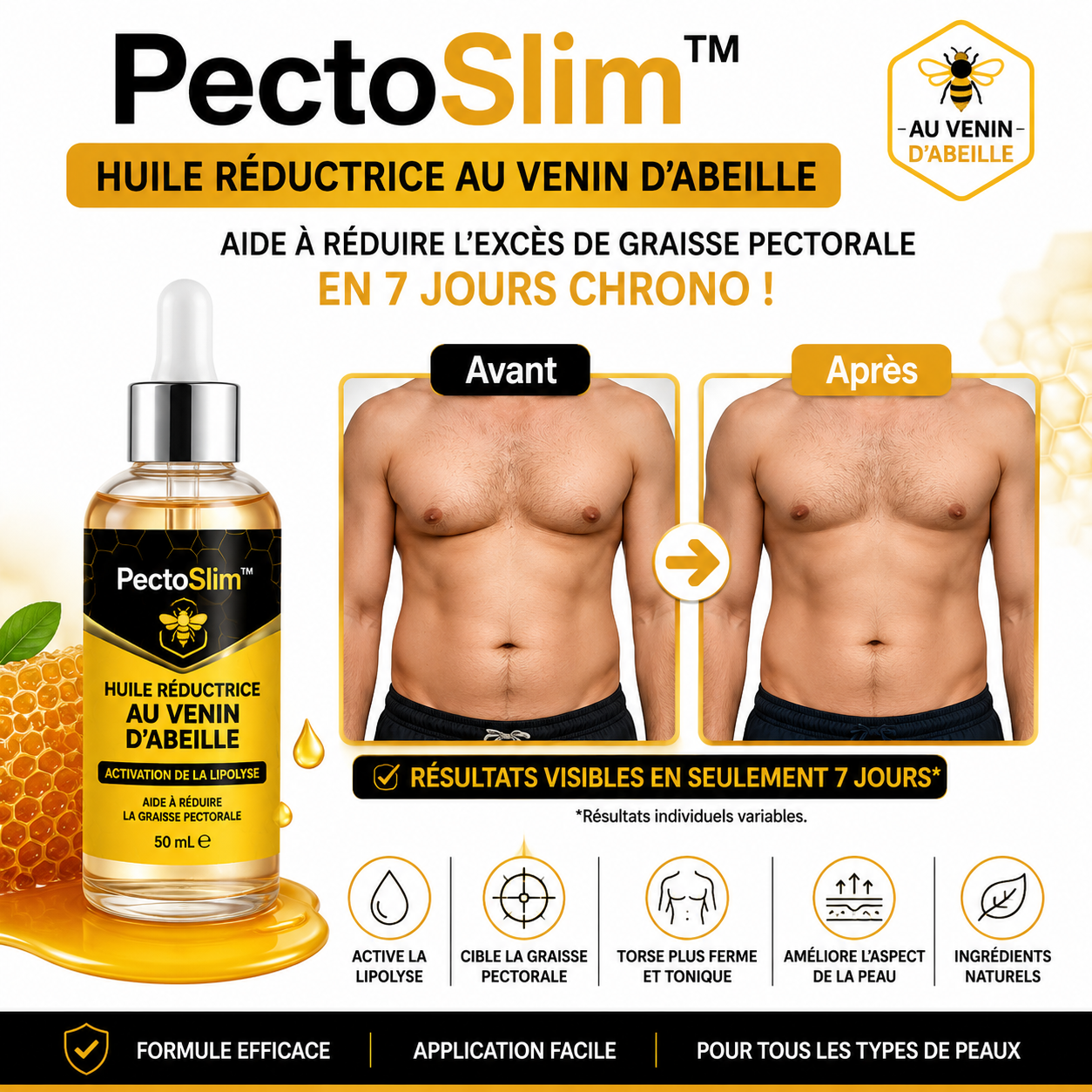 PectoSlim™ Huile Réductrice au Venin d’Abeille | Élimine les seins masculins en 7 jours chrono!