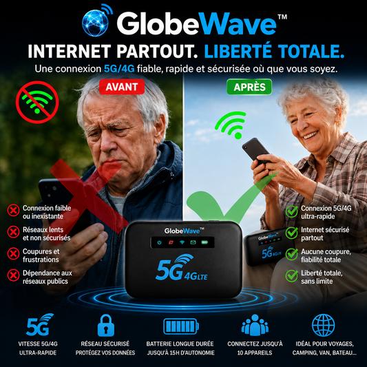 GlobeWave™ Routeur WiFi Mondial | Internet 4G/5G dans 196 pays en 5 secondes chrono, sans surcoût !