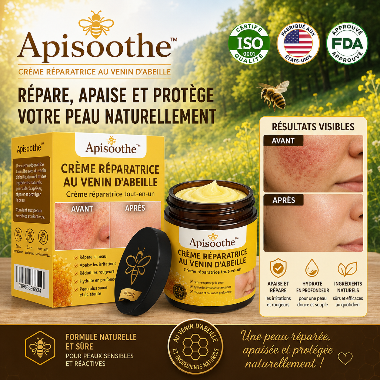Apisoothe™ Crème Réparatrice au Venin d’Abeille | Élimine eczéma, boutons et rougeurs dès la première application!