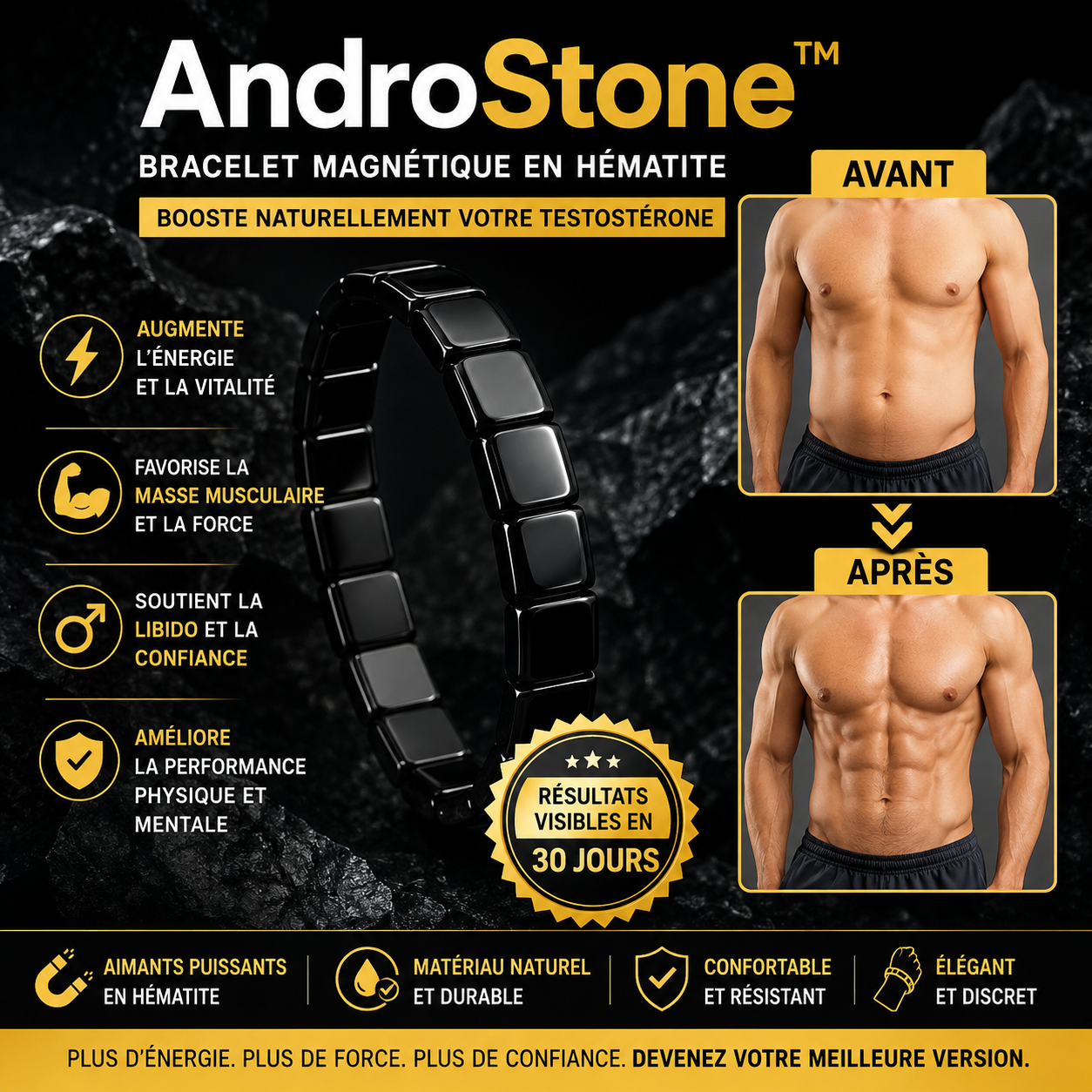 AndroStone™ Bracelet Magnétique en Hématite | Boost ton taux de testostérone de +92 % en 7 jours seulement!
