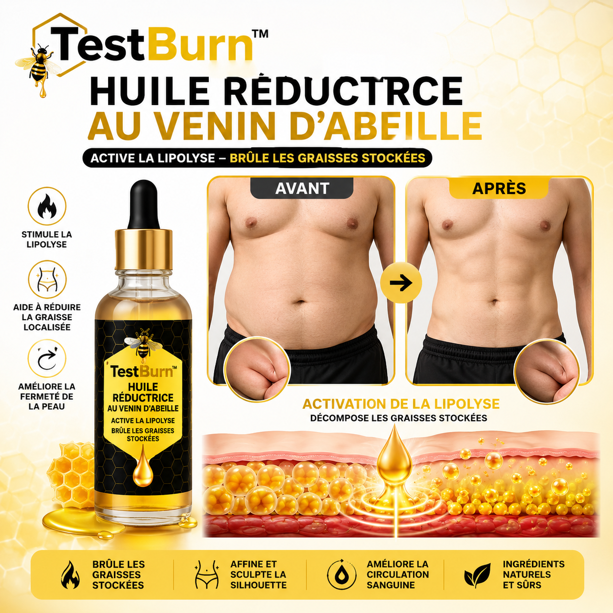TestBurn™ Huile Réductrice au Venin d’Abeille | Élimine les seins masculins en 7 jours chrono!