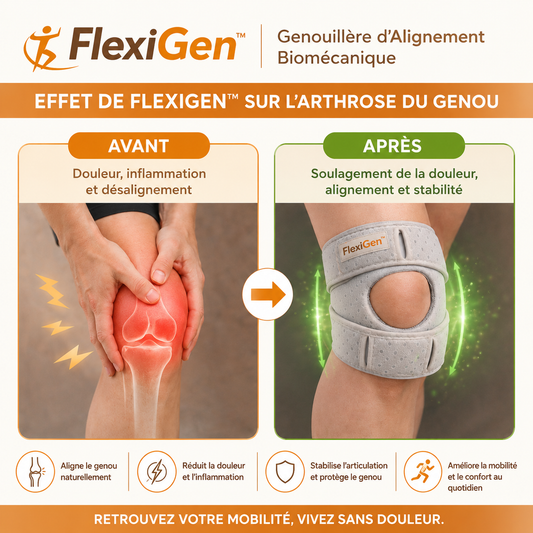 FlexiGen™ Genouillère d’Alignement Biomécanique | Soulage l’arthrose et supprime la douleur dès les premiers pas !