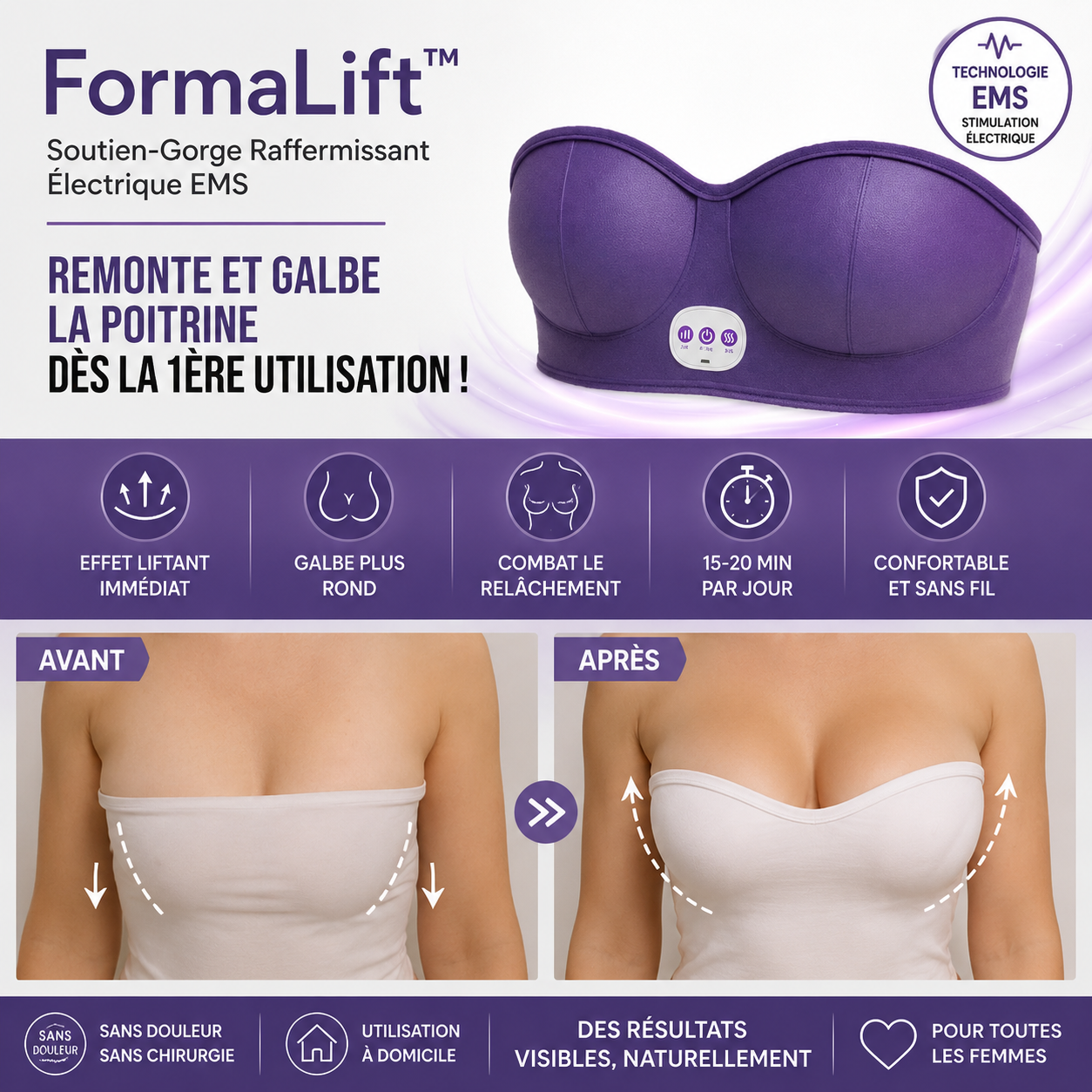FormaLift™ Soutien-Gorge Raffermissant Électrique EMS | Remonte et Galbe la Poitrine dès la 1ère Utilisation!