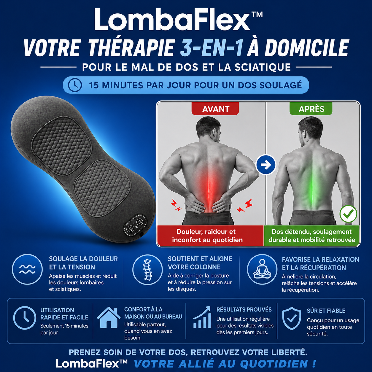 Lombara™ Masseur Lombaire Triple Action | Soulagez vos douleurs sciatiques et lombaires en 15 minutes chrono !
