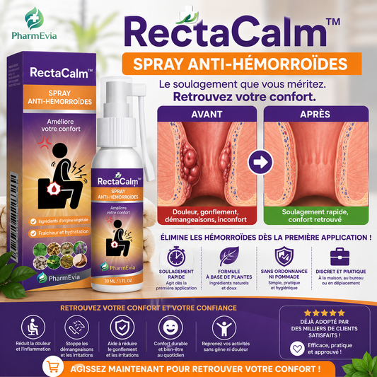 RectaCalm™ Spray Anti-Hémorroïdes | Éliminez les hémorroïdes dès la première application, sans pommade ni ordonnance !