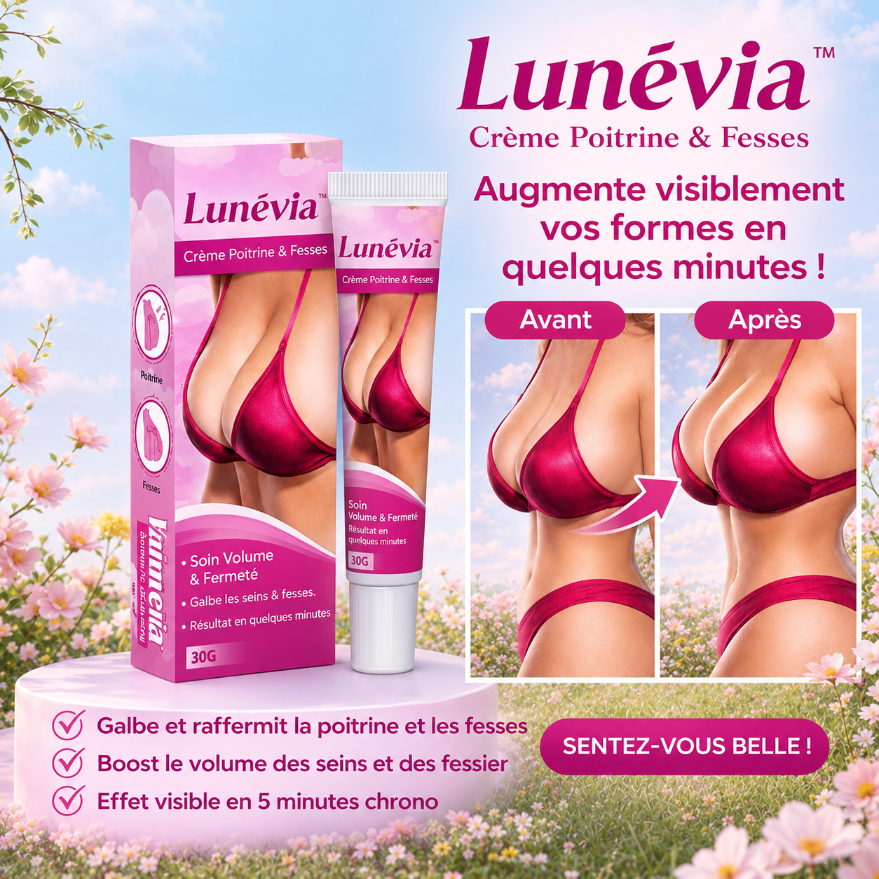 Lunévia™ Crème Poitrine & Fesses | Augmentez vos formes en quelques minutes et affichez un volume irrésistible !