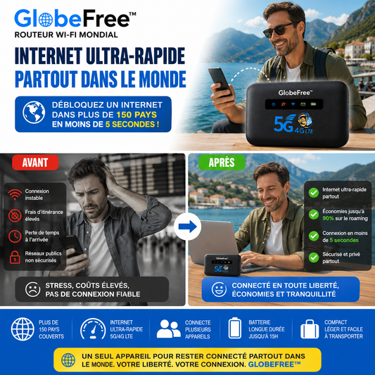 GlobeFree™ Routeur Wi-Fi Mondial | Débloquez un internet ultra-rapide dans plus de 150 pays en moins de 5 secondes !