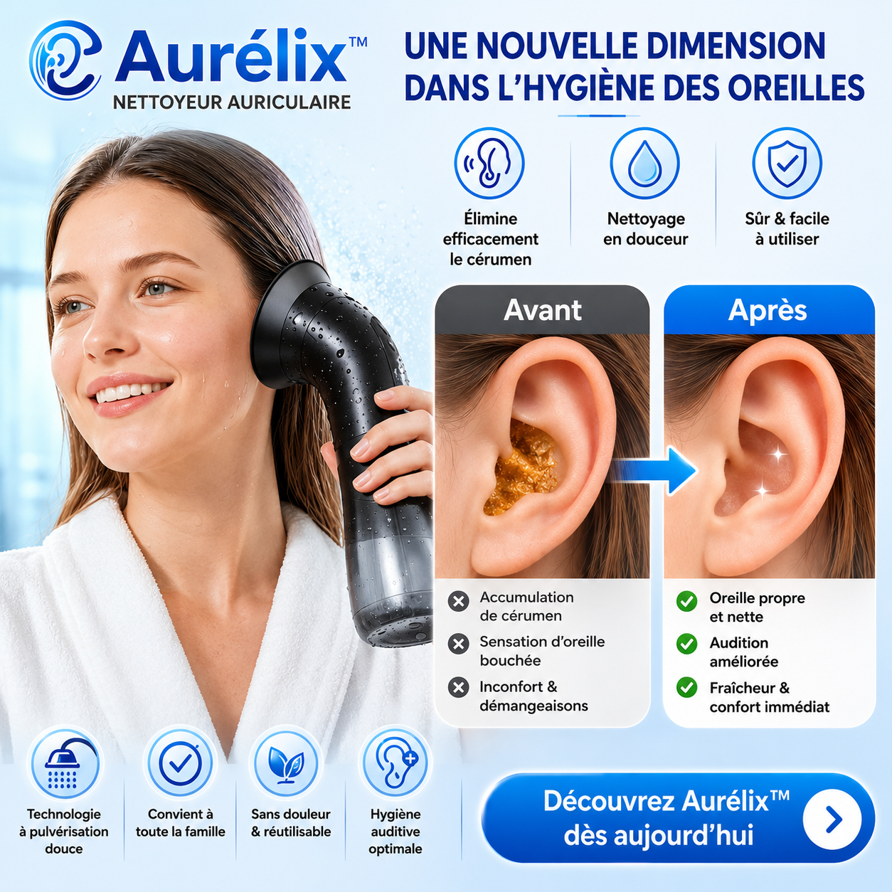 Aurélix™ Nettoyeur Auriculaire | Éliminez le cérumen en profondeur en quelques minutes et retrouvez une audition claire !