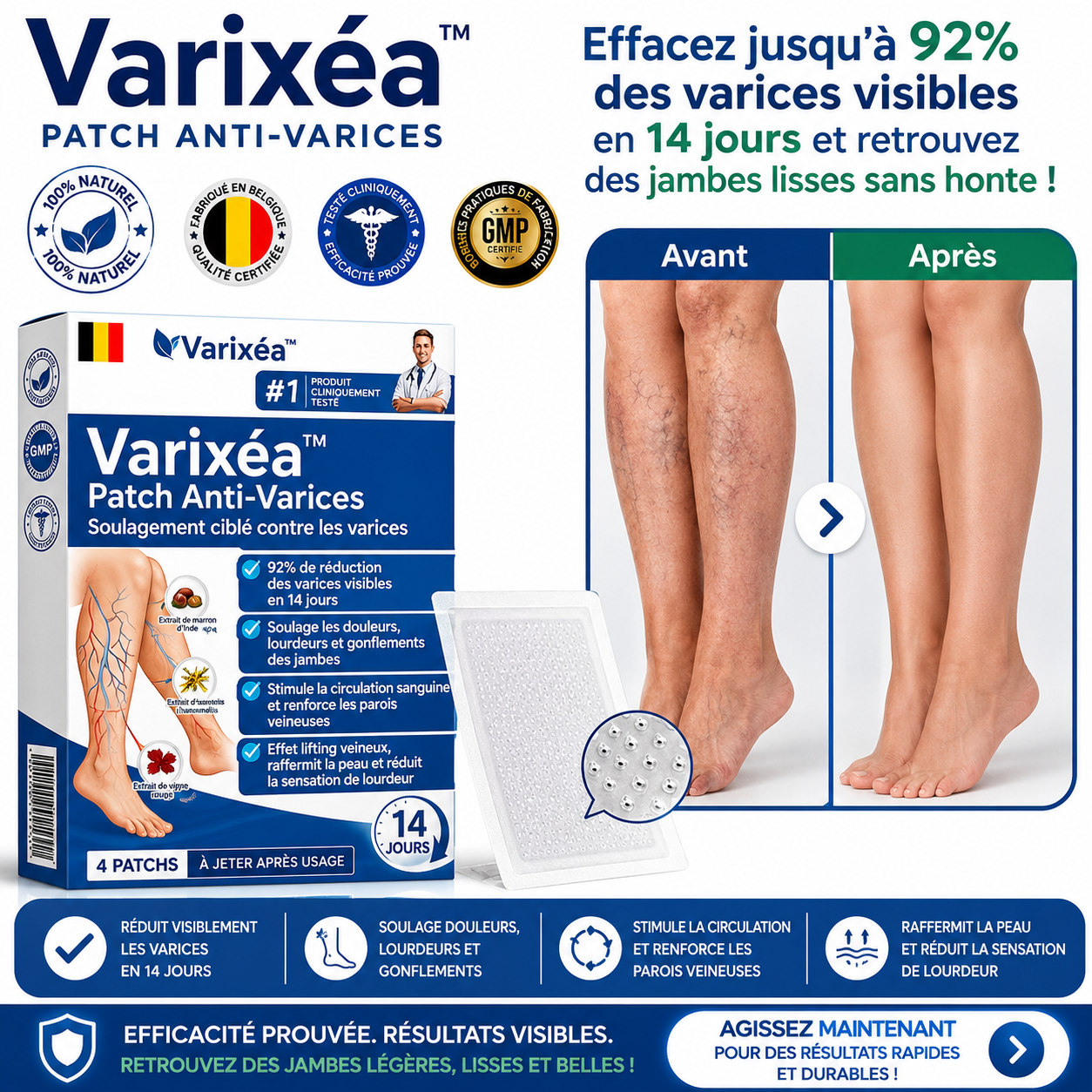 Varixéa™ Patch Anti-Varices | Effacez jusqu’à 92% des varices visibles en 14 jours et retrouvez des jambes lisses sans honte !