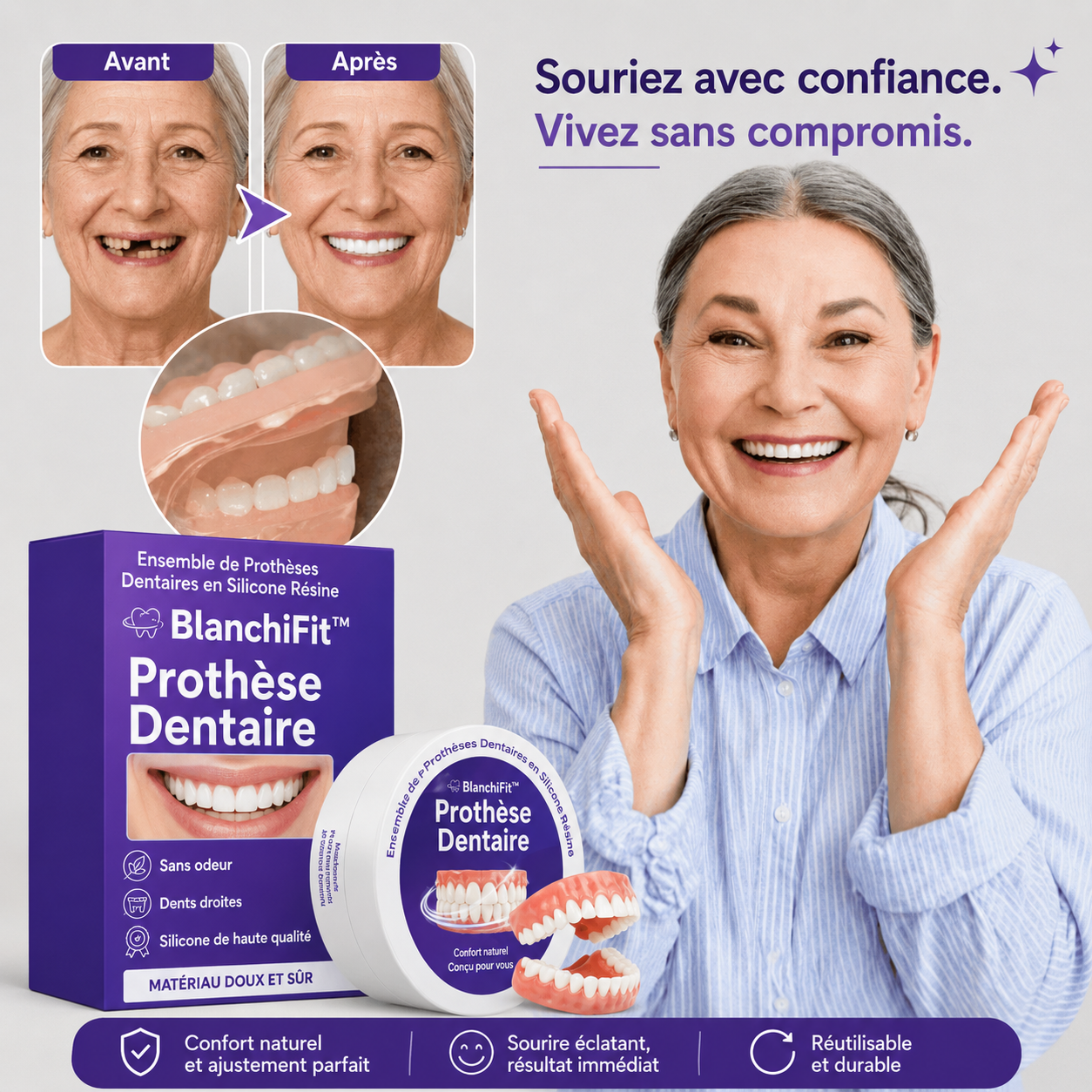 BlanchiFit™ Prothèse Dentaire | Retrouvez le sourire en toute confiance en seulement 3 minutes !