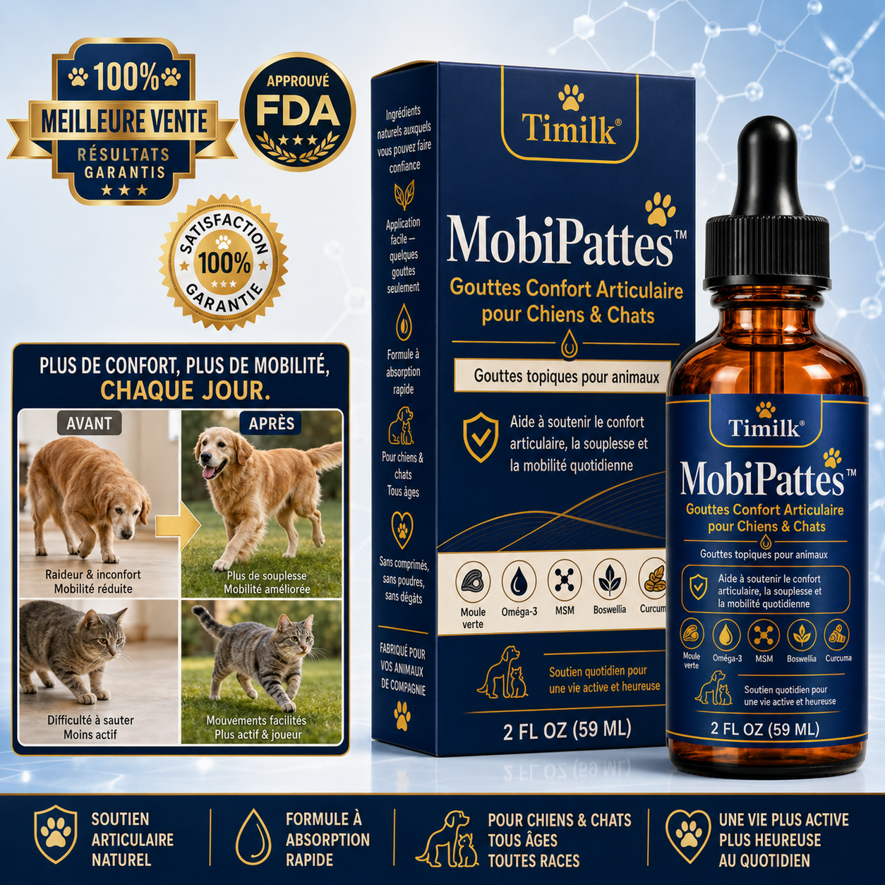 MobiPattes™ Gouttes Confort Articulaire pour Chiens & Chats | Aidez votre compagnon à retrouver des mouvements plus souples dès 7 jours !