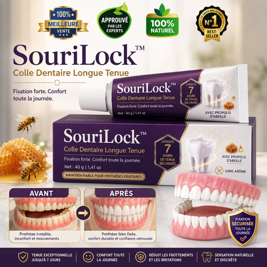 SouriLock™ Colle Dentaire Longue Tenue | Gardez votre dentier bien en place jusqu’à 96 heures, sans gêne ni glissement !