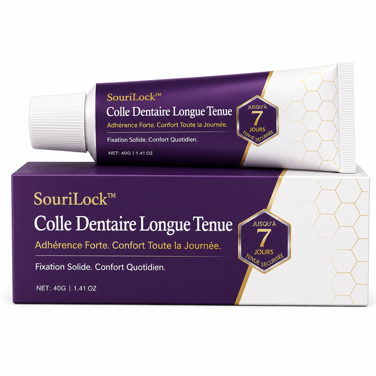 SouriLock™ Colle Dentaire Longue Tenue | Gardez votre dentier bien en place jusqu’à 96 heures, sans gêne ni glissement !