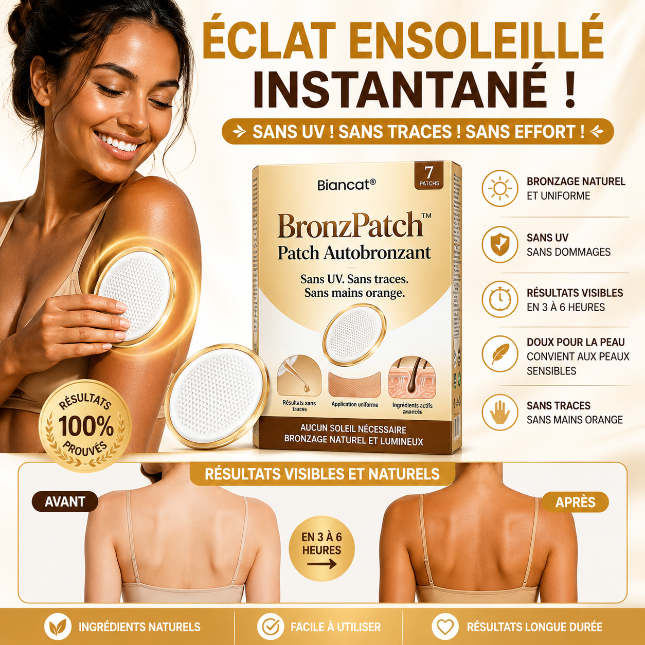 BronzPatch™ Patch Autobronzant | Obtenez un hâle doré naturel sans UV, sans odeur et sans traces orange !
