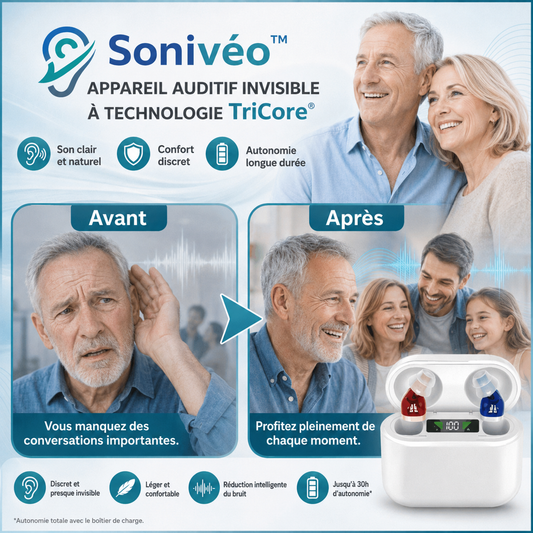 Sonivéo™ Appareil Auditif Invisible à Technologie TriCore | Entendez parfaitement en 3 secondes, sans aucun sifflement !