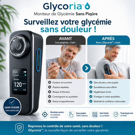 Glycoria™ Moniteur de Glycémie Sans Piqûre | Surveillez votre glycémie sans douleur !