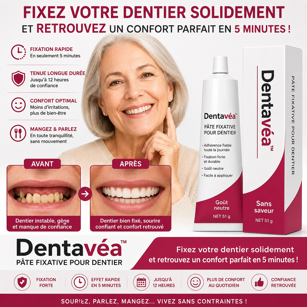 Dentavéa™ Pâte Fixative pour Dentier | Fixez votre dentier solidement et retrouvez un confort parfait en 5 minutes !