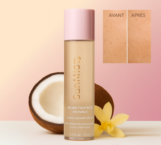 SunMist™ Brume Fixatrice Invisible SPF 50 | Protège votre peau et fixe votre maquillage en un seul geste en un instant!