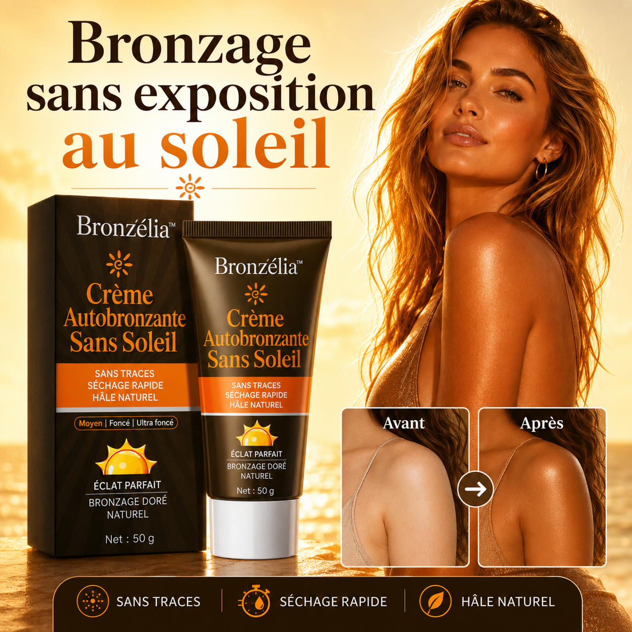 Bronzélia™ Crème Autobronzante Sans Soleil | Obtenez un bronzage doré, uniforme et zéro trace orange dès la première application !