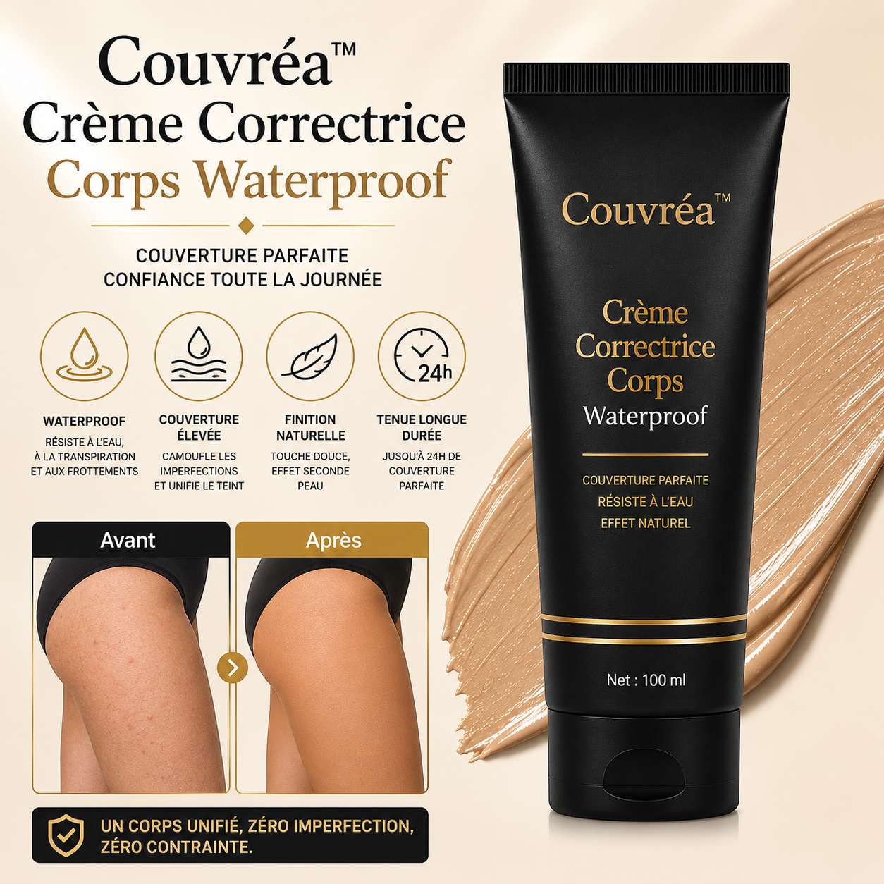Couvréa™ Crème Correctrice Corps Waterproof | Effacez cicatrices, vergetures, taches et tatouages en 60 secondes !