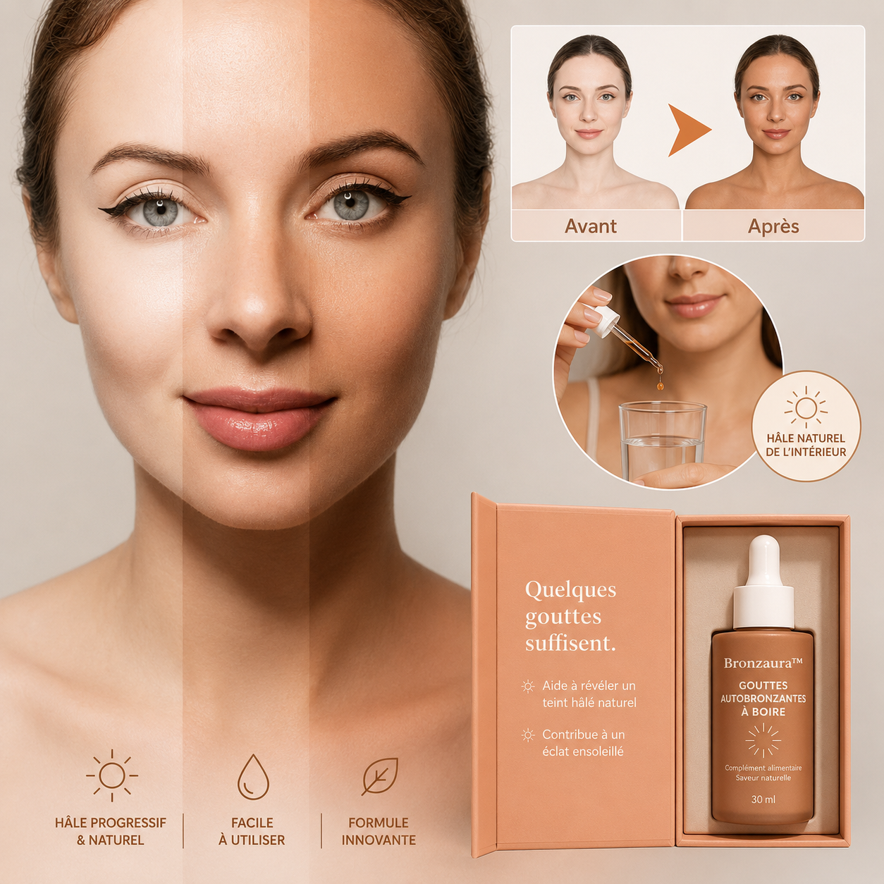 Bronzaura™ Gouttes Autobronzantes à Boire | Obtenez un hâle doré en 3 jours, sans soleil, sans traces, sans peau orange !