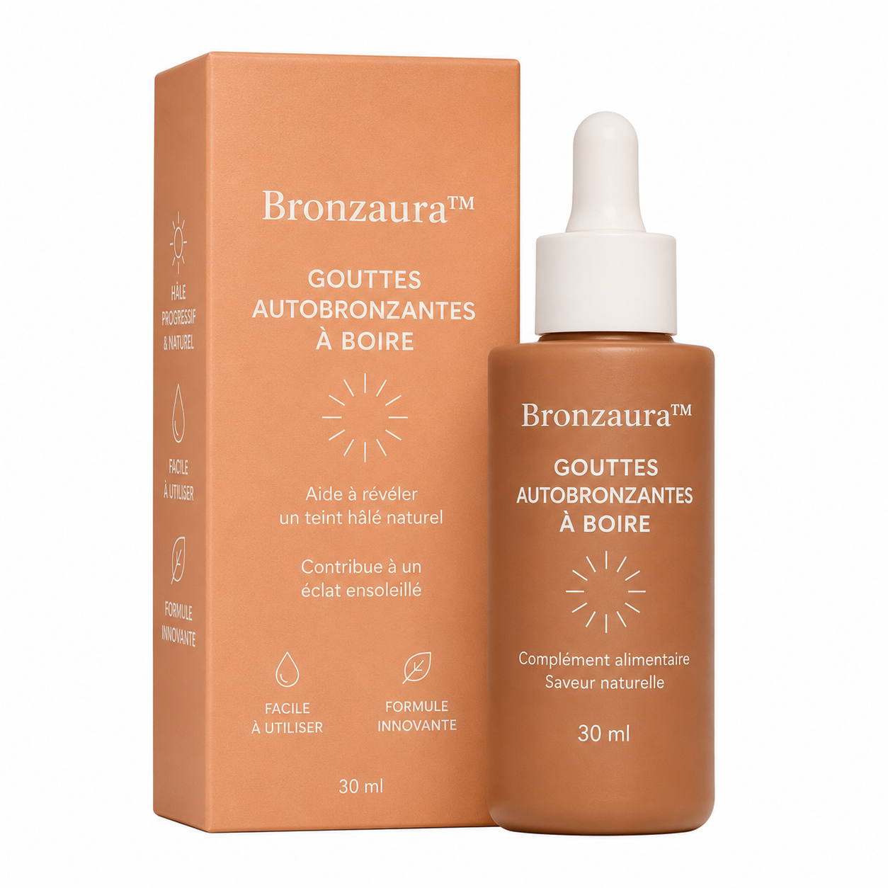 Bronzaura™ Gouttes Autobronzantes à Boire | Obtenez un hâle doré en 3 jours, sans soleil, sans traces, sans peau orange !