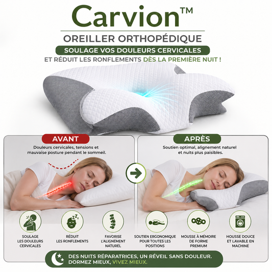 Carvion™ Oreiller Orthopédique | Soulage vos douleurs cervicales et réduit les ronflements dès la première nuit !