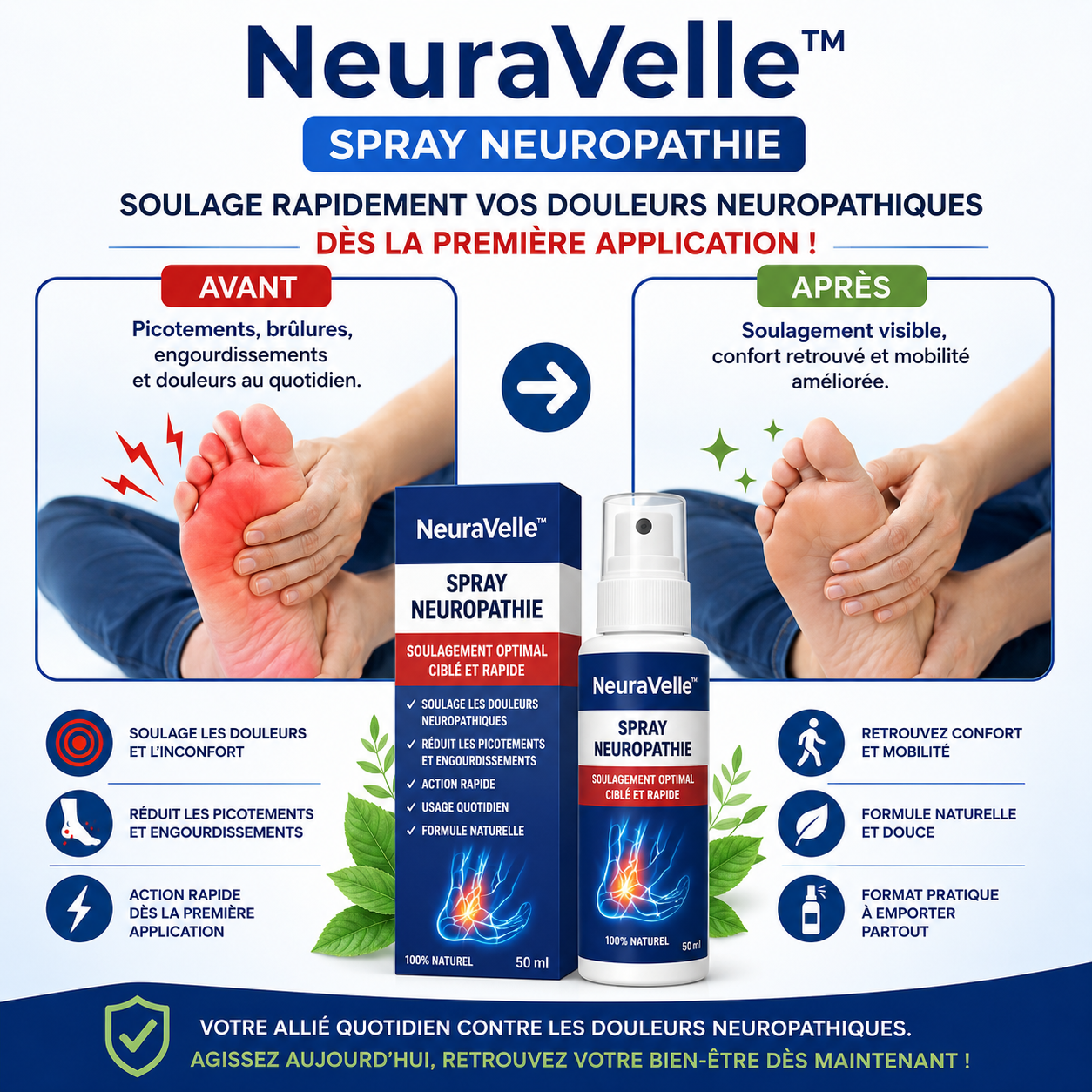 Neuravelle™ Spray Neuropathie | Stoppez picotements et engourdissements dès la première application !