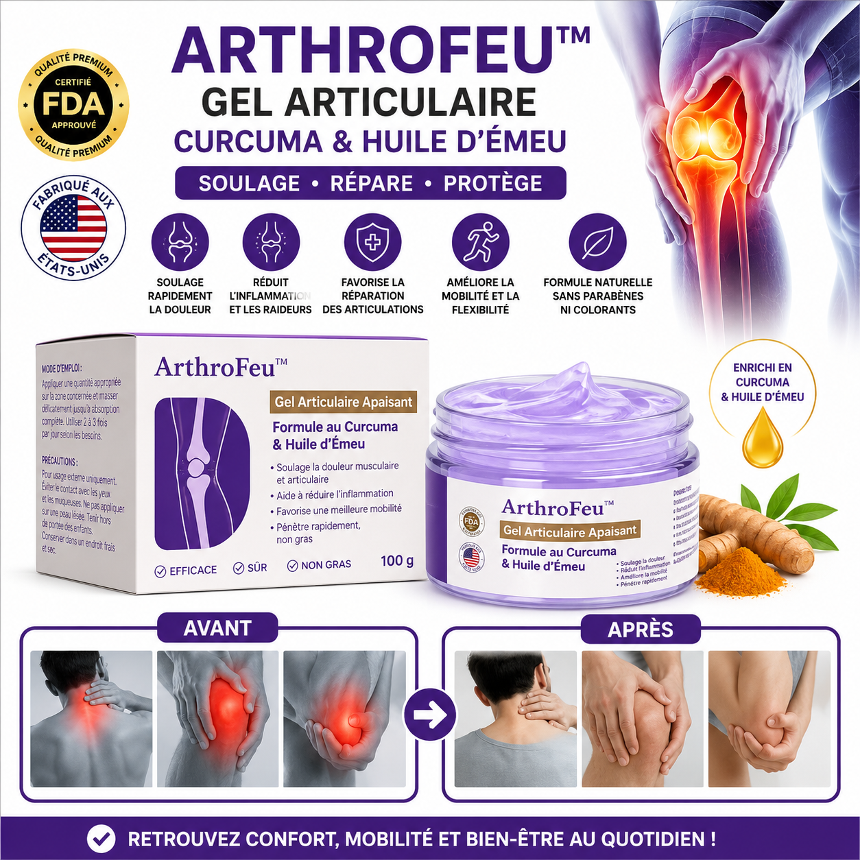 ArthroFeu™ Gel Articulaire Curcuma & Huile d’Émeu | Soulagez vos genoux, dos et mains raides dès la première application !