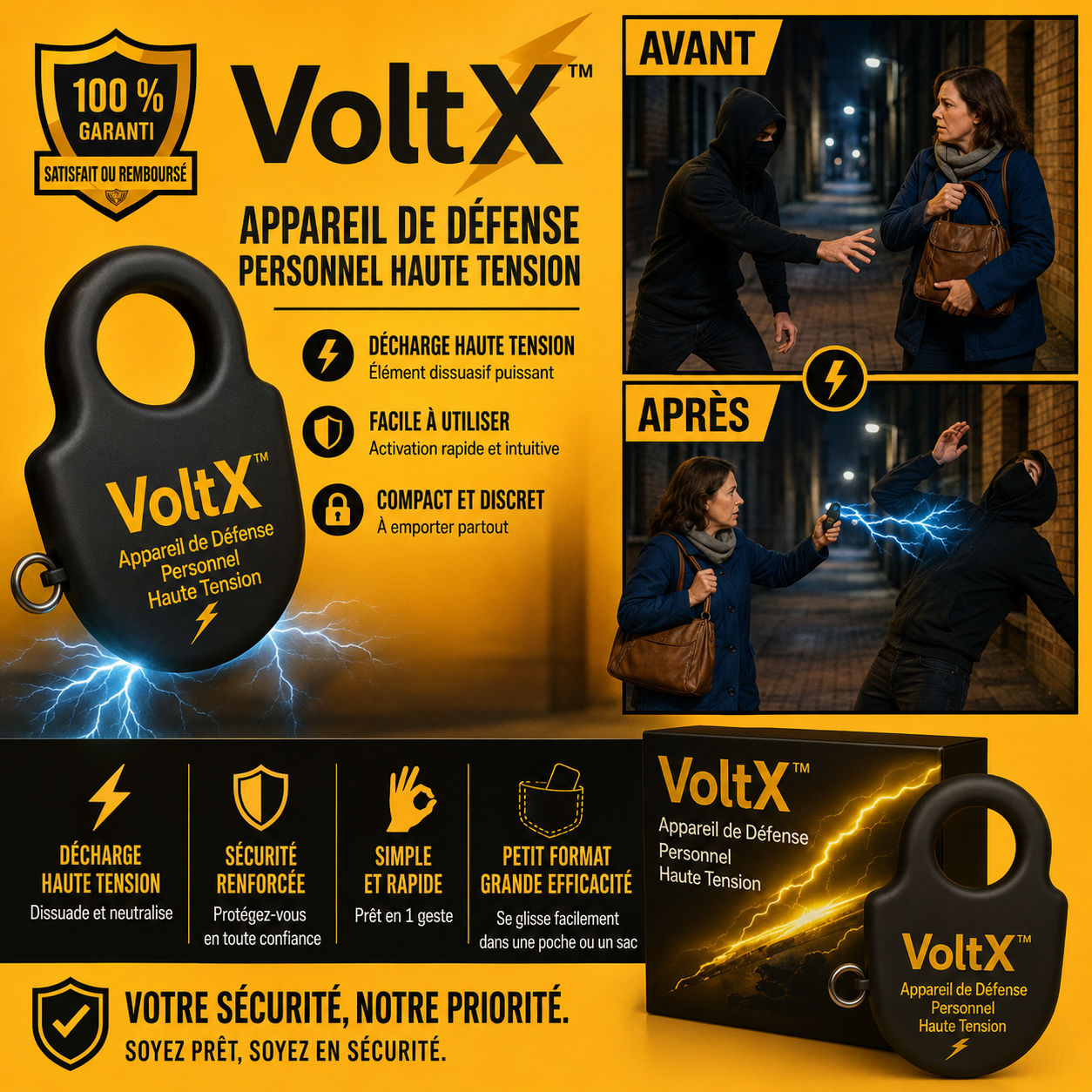 VoltX™ Appareil de Défense Personnel Haute Tension | Neutralise tout agresseur en 1 seconde, sans effort !