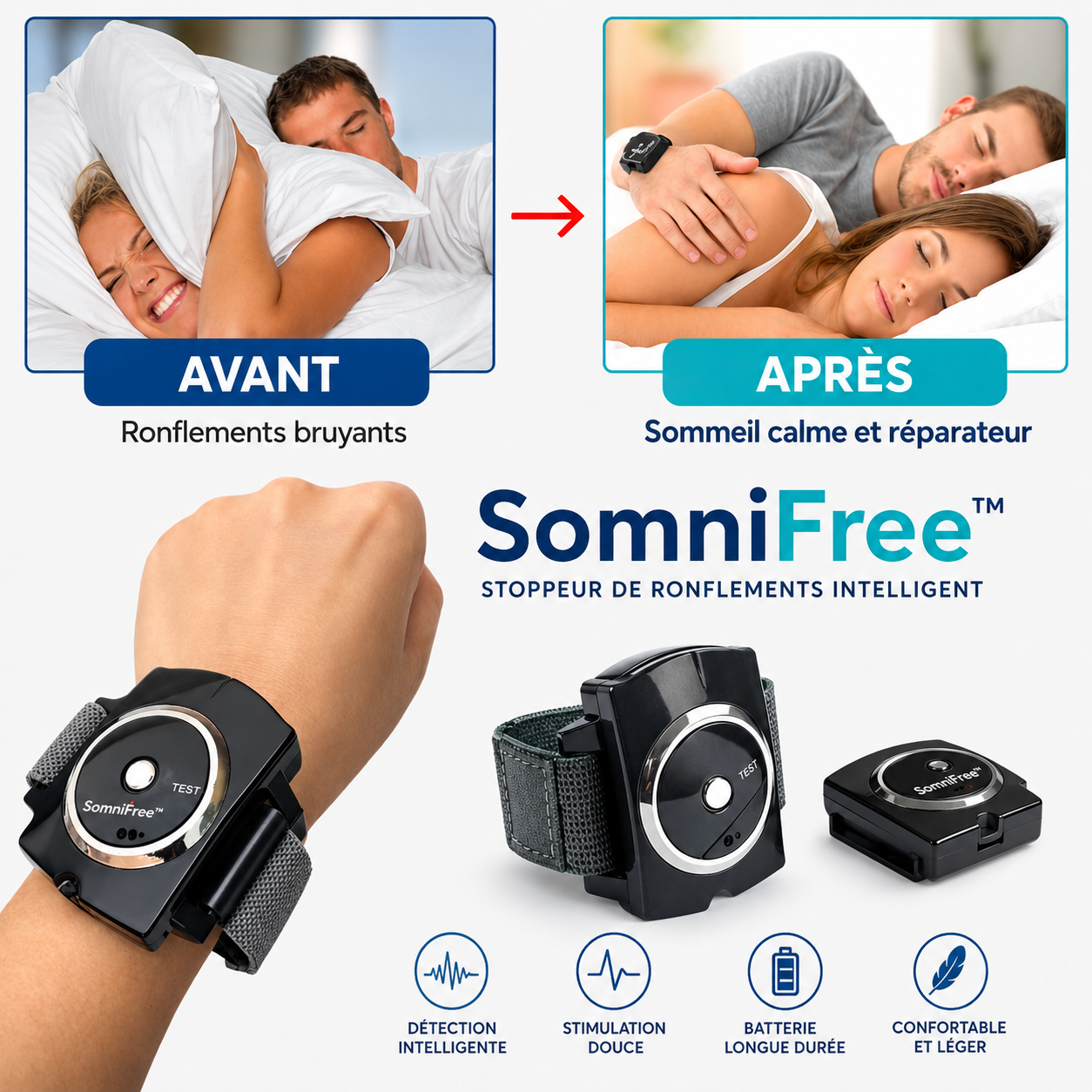 SomniFree™ Bracelet Anti-Ronflement | Élimine 96 % des ronflements dès la première nuit !