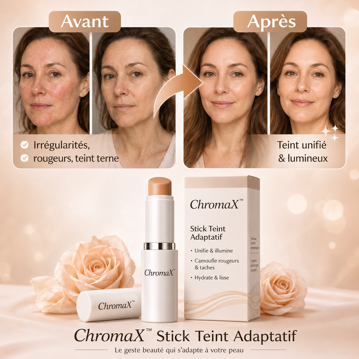 ChromaX™ Teint Magique Stick Adaptatif | Obtenez un teint parfait qui s’accorde à votre peau !