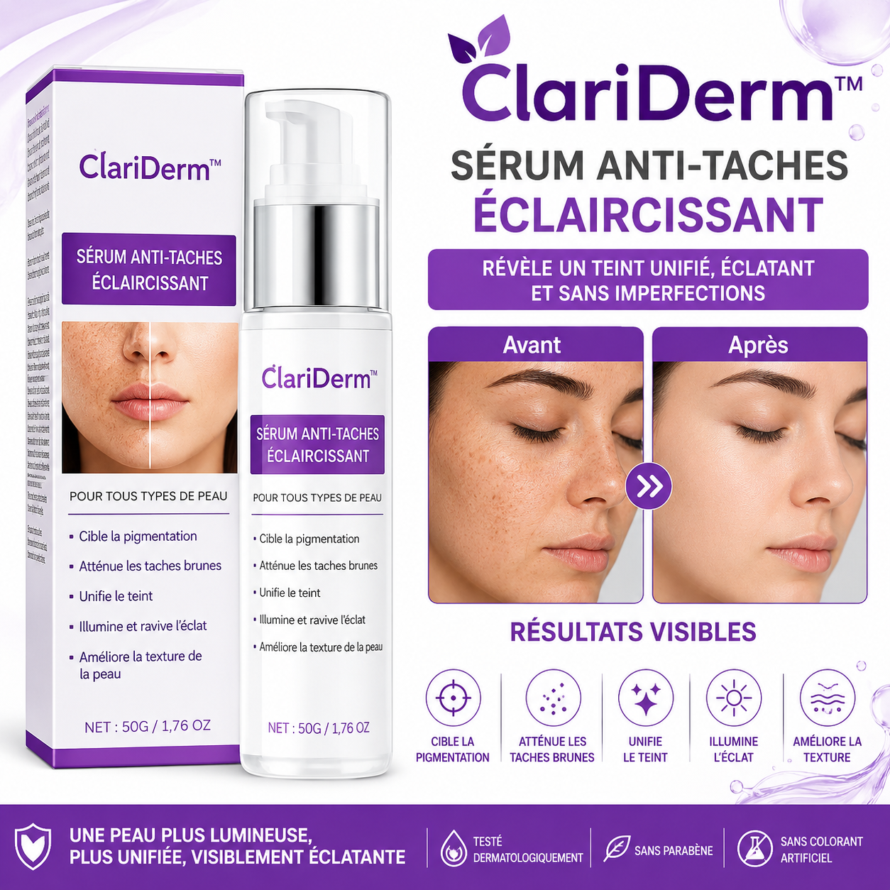 ClariDerm™ Sérum Anti-Taches Éclaircissant | Effacez vos taches brunes en 72 heures chrono !