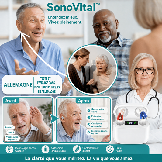 SonoVital™ Appareil Auditif Invisible à Technologie TriCore | Entendez parfaitement en 3 secondes, sans aucun sifflement !