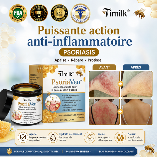 PsoriaVen™ Crème Réparatrice au Venin d’Abeille | Apaise les démangeaisons et calme les plaques dès la première application !