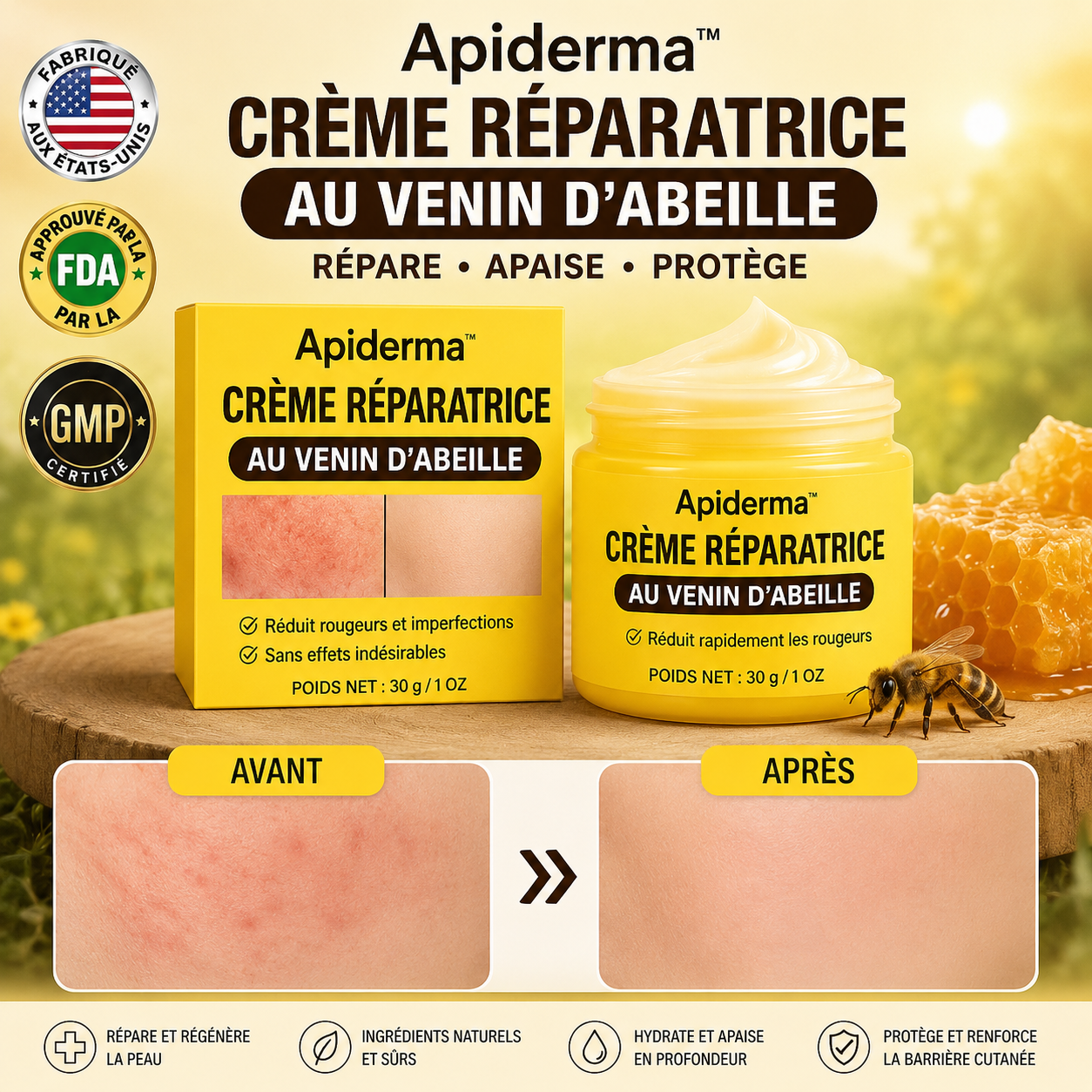 Apiderma™ Crème Réparatrice au Venin d’Abeille | Efface rougeurs & imperfections en 3 jours!