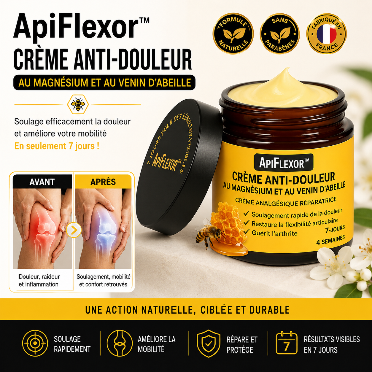 ApiFlexor™ Crème Anti-douleur au Magnésium et au Venin d'Abeille | Supprime vos douleurs articulaires en un instant!