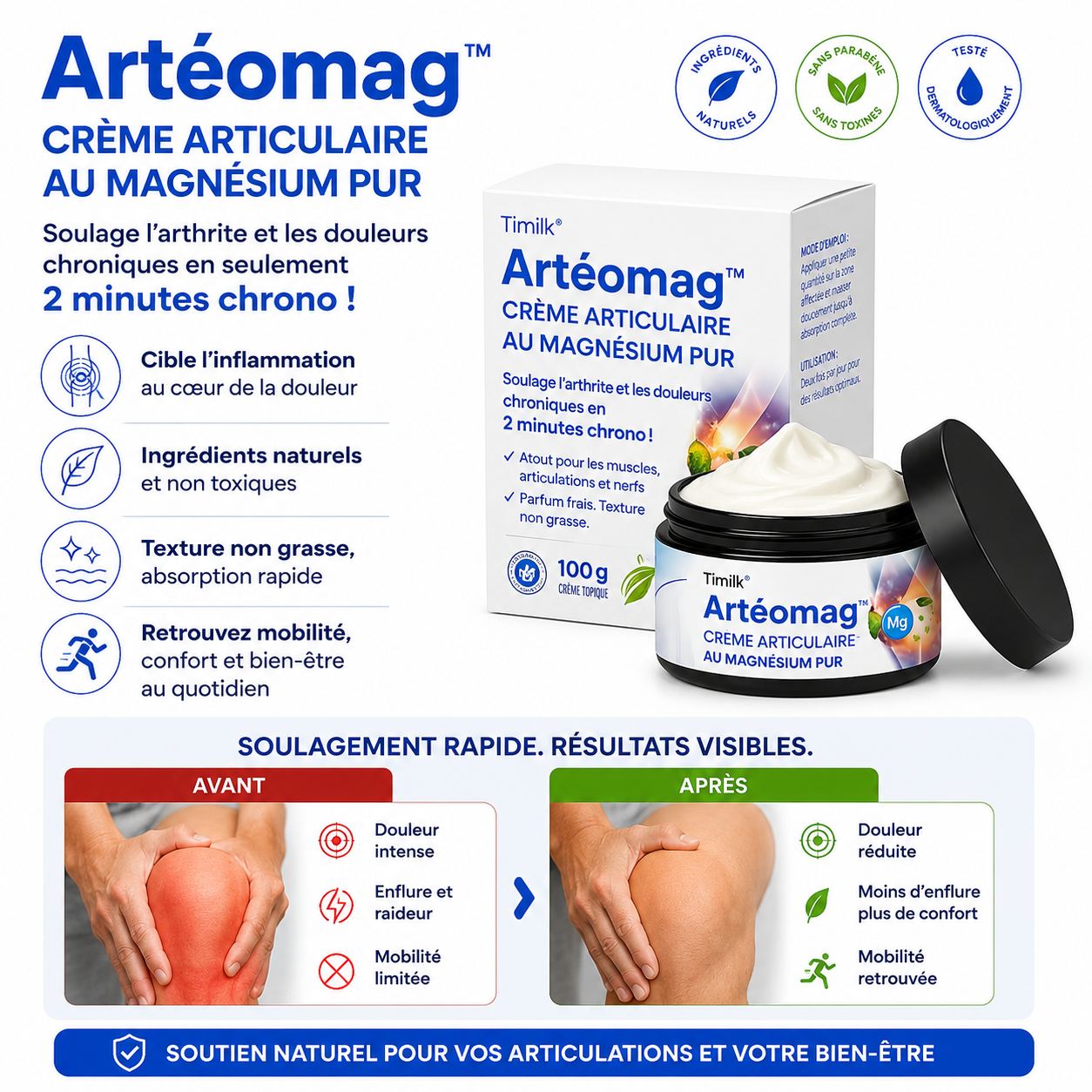 Artéomag™ Crème Articulaire au Magnésium Pur | Soulage arthrite et douleurs chroniques en 2 minutes chrono!