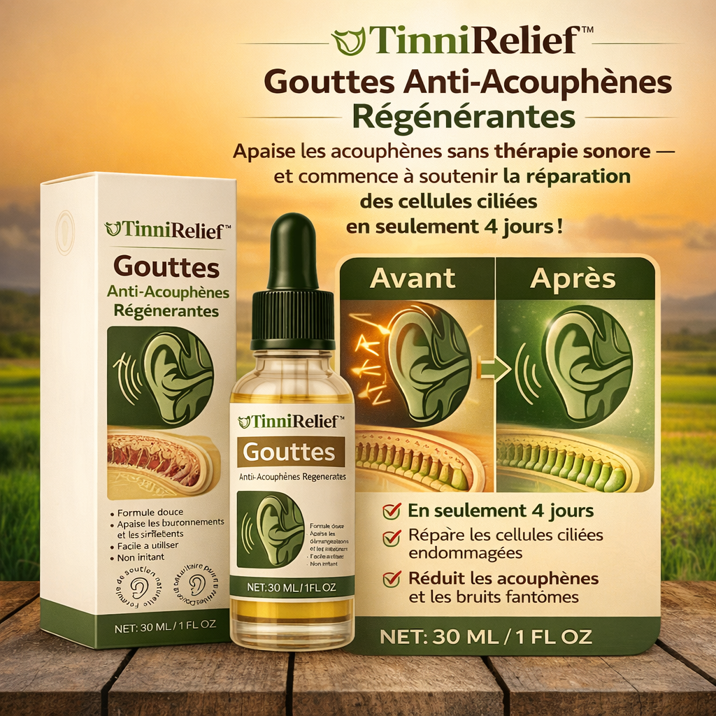 TinniRelief™ Gouttes Anti-Acouphènes Régénérantes | Apaise les acouphènes sans thérapie sonore — et commence à soutenir la réparation des cellules ciliées en seulement 4 jours !