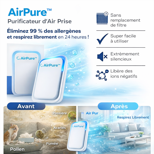 AirPure™ Purificateur d’Air Prise | Éliminez 99 % des allergènes et respirez librement en 24 heures !