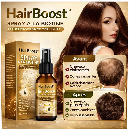 HairBoost™ Spray à la Biotine | Stimule la repousse et densifie vos cheveux en 10 minutes !