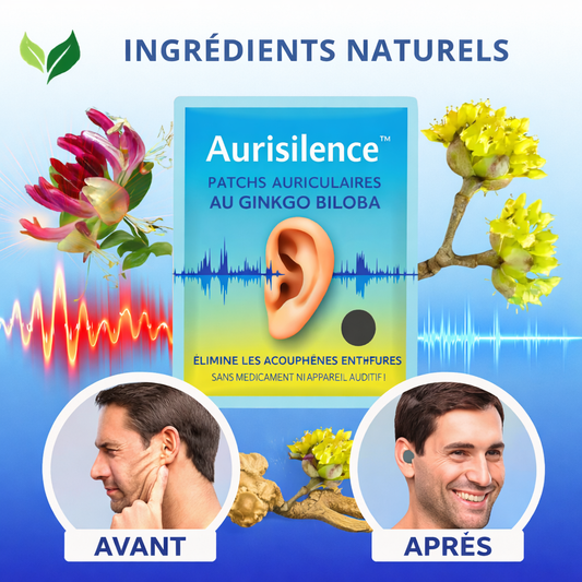 Aurisilence™ Patchs Auriculaires au Ginkgo Biloba | Éliminez vos acouphènes en 7 heures et retrouvez enfin le silence !
