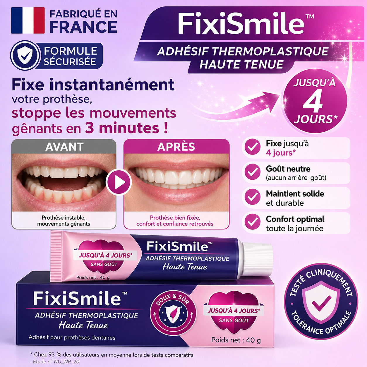 FixiSmile™ Adhésif Thermoplastique Haute Tenue | Fixe instantanément votre prothèse, stoppe les mouvements gênants en 3 minutes !